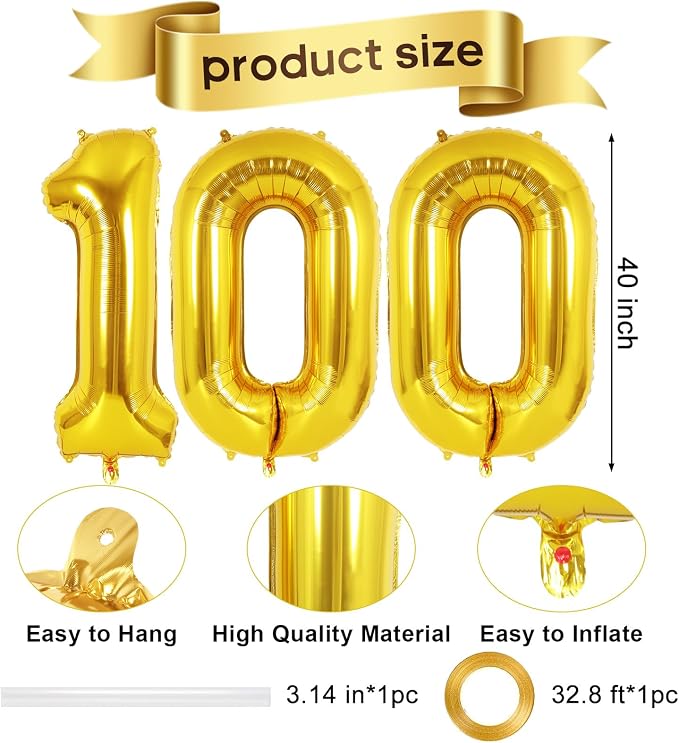 Gold Number 100 Balloon, 40 Inch Foil Helium Number Balloons, 100th Birthday - Image 2