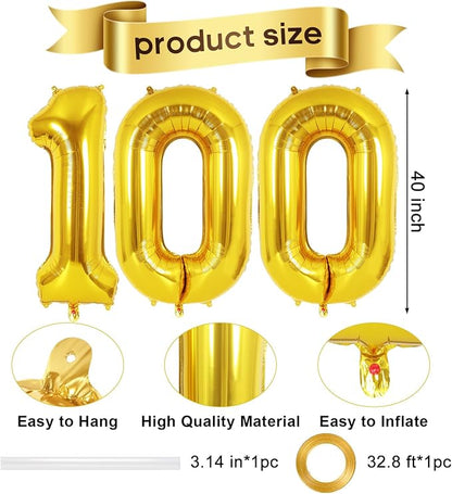 Gold Number 100 Balloon, 40 Inch Foil Helium Number Balloons, 100th Birthday - Image 2