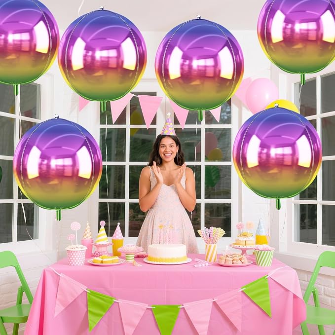 6Pcs Gradient Rainbow Round Foil Balloons, Metallic Multicolor Iridescent Mylar - Image 6