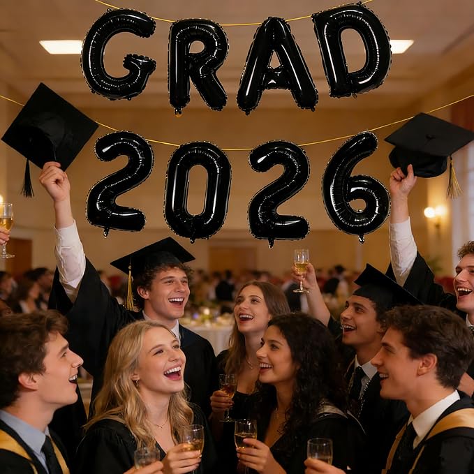 Black GRAD 2026 Banner Balloons, 16 Inch Mylar Foil letter Graduation Balloons - Image 4