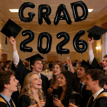 Black GRAD 2026 Banner Balloons, 16 Inch Mylar Foil letter Graduation Balloons - Image 4
