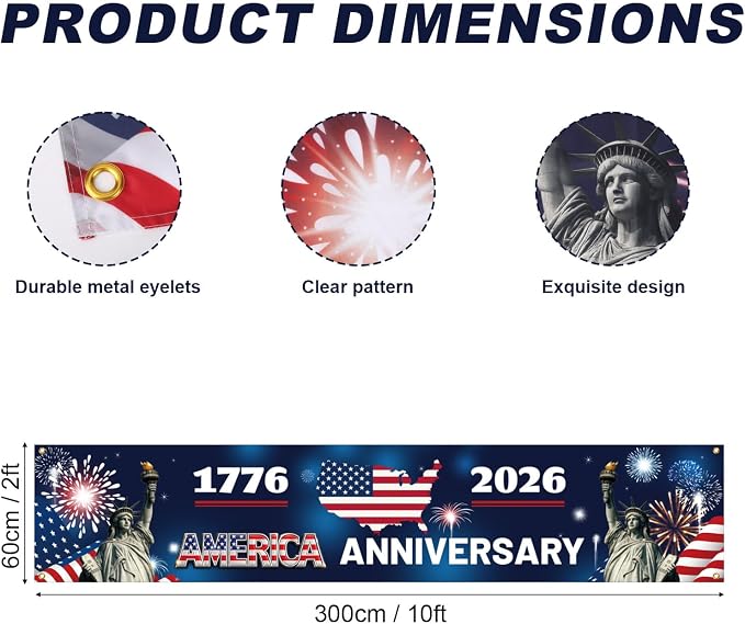 American 250th Anniversary Banner, 300x60cm/10x2ft American Patriotic Flag USA - Image 2