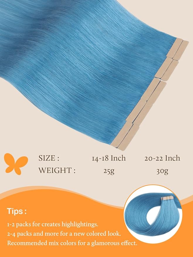 DOORES Hair Extensions Tape in Human Hair, Turquoise Tape in Hair Extensions, Real Human Hair Extensions Natural Remy Hair Straight, 25g 10pcs 16 Inch