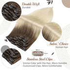 Full Shine Ombre Clip in Blonde Human Hair Extensions 16 Inch Straight Hair Clip in Extensions Dark Brown to Bleach Blonde 120 Grams 16 Inch