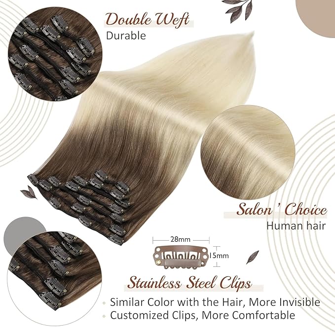 Full Shine Ombre Clip in Blonde Human Hair Extensions 16 Inch Straight Hair Clip in Extensions Dark Brown to Bleach Blonde 120 Grams 16 Inch