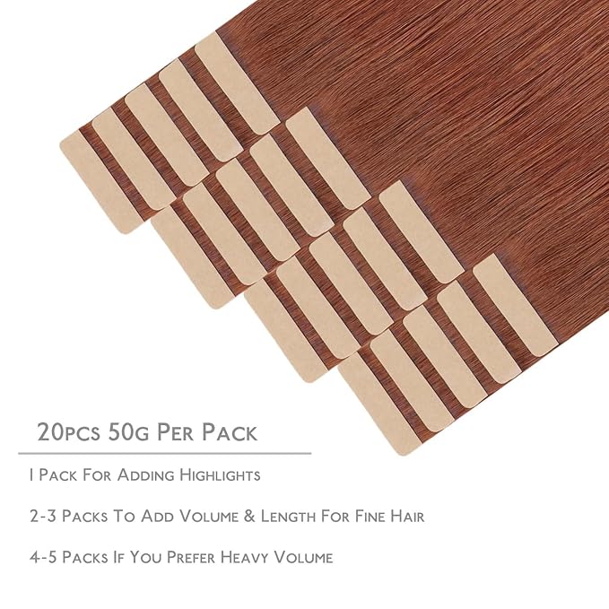 WENNALIFE Tape in Hair Extensions Human Hair, 20pcs 50g 16 inch Dark Auburn Copper Remy Hair Tape in Extensions Skin Weft
