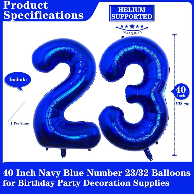 Navy Blue 23 Number Balloons, 40 Inch Giant Number 23 Balloons Foil Mylar - Image 2