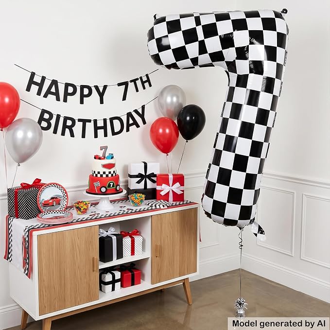 40" Checkered Number 7 Balloon for 7th Race Theme Birthday Party Supplies | 40 - Image 3
