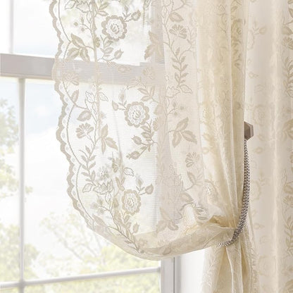 Beige Lace Curtains for Bedroom Rustic Floral 42 x 90 Inch, 2 Panels | Rod by FINECITY