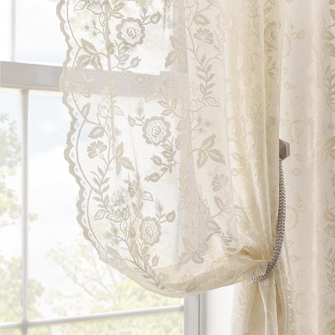 FINECITY Beige Lace Curtains for Living Room Floral 52 x 84 Inch, 2 Panels | by FINECITY