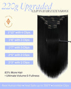 Full Shine Jet Black Clip in Hair Extensions Human Hair 22 Inch 220 G Human Hair Clip ins for Black Women for Volume 7 Pcs
