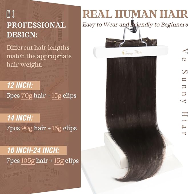 Ve Sunny Human Hair Clip in Extensions Dark Brown Real Hair Extensions Clip in Human Hair Straight Remy Hair Extensions Clip ins Daily Use 16Inch 120g