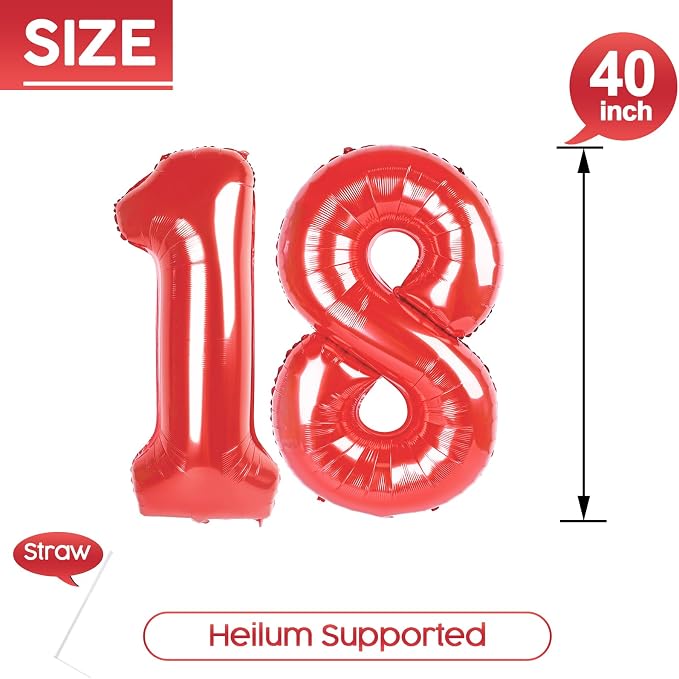 18 Balloon - Red Birthday Number Balloons, 40 Inch Decorations Men Women | Red - Image 5
