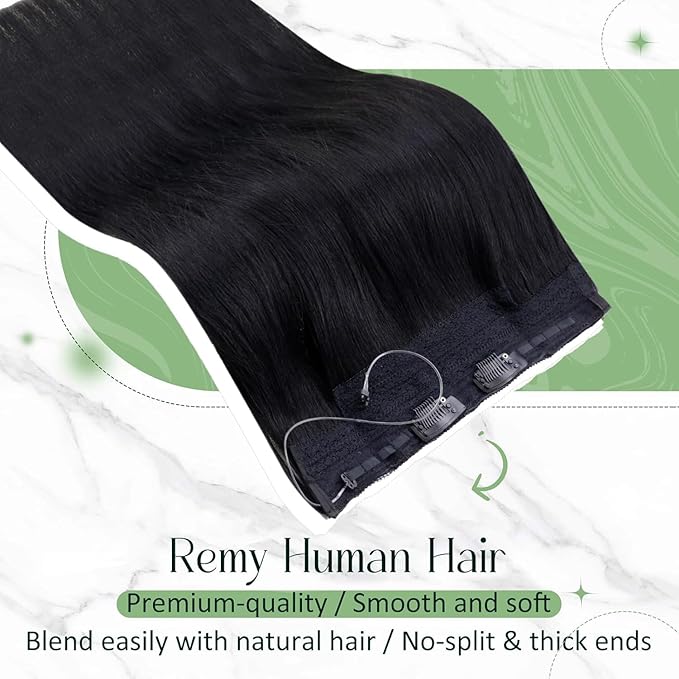 RUANTURE Jet Black Wire Hair Extensions Real Human Hair, Invisible Wire Hair Extensions Soft Straight Hair, Natural Looking, Easy to Install in Daily Wearing, 14 Inch 70g #1 Jet Black