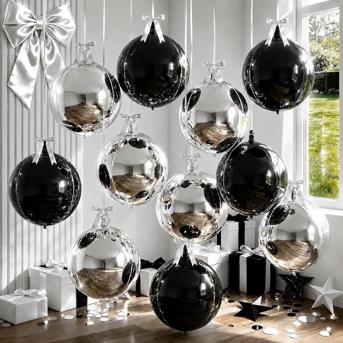 8 Pcs Black Silver Round Foil Balloons Metallic Silver Black 4D Ball Balloon by Froova