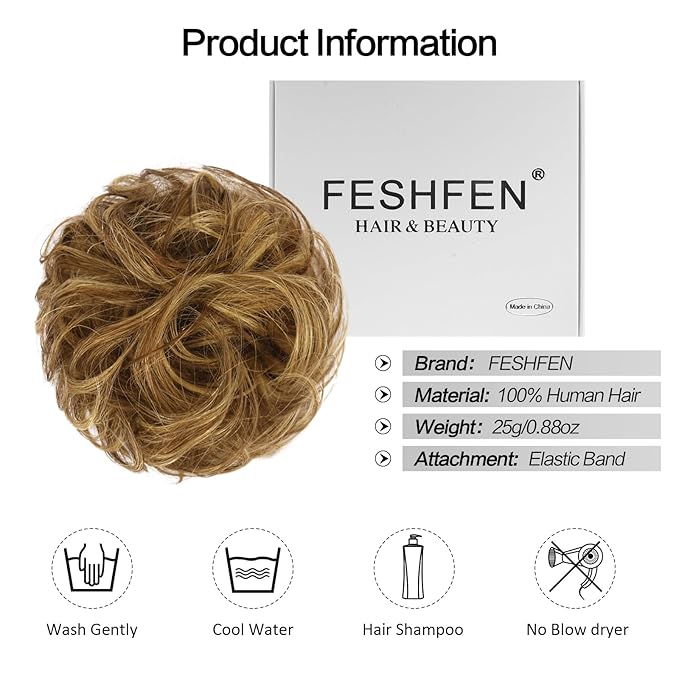 FESHFEN Human Messy Buns - 100% Human Hair Bun Real Scrunchies Hair Pieces Ponytail Extensions Wavy Tousled Updo Chignon Hairpieces for Women，Light Brown Mixed Blonde