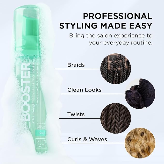 Style Factor EDGE BOOSTER Extra Strength Setting Mousse Travel Size – Frizz Control, Extra Volume, and Conditioning – 2.5oz Emerald Mousse for Curly Hair