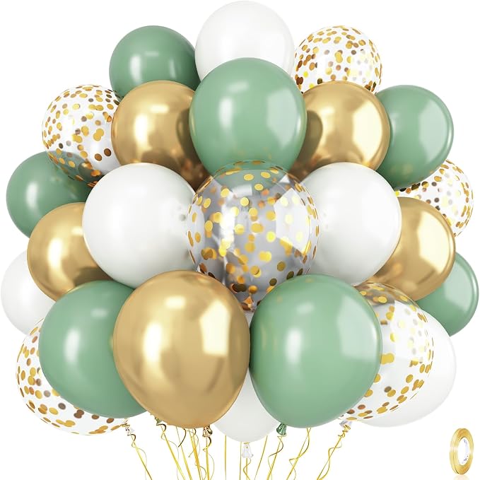 Dusty Sage Green and Gold Balloons, 12 Inch Retro Olive Green White Gold Latex by Isndare