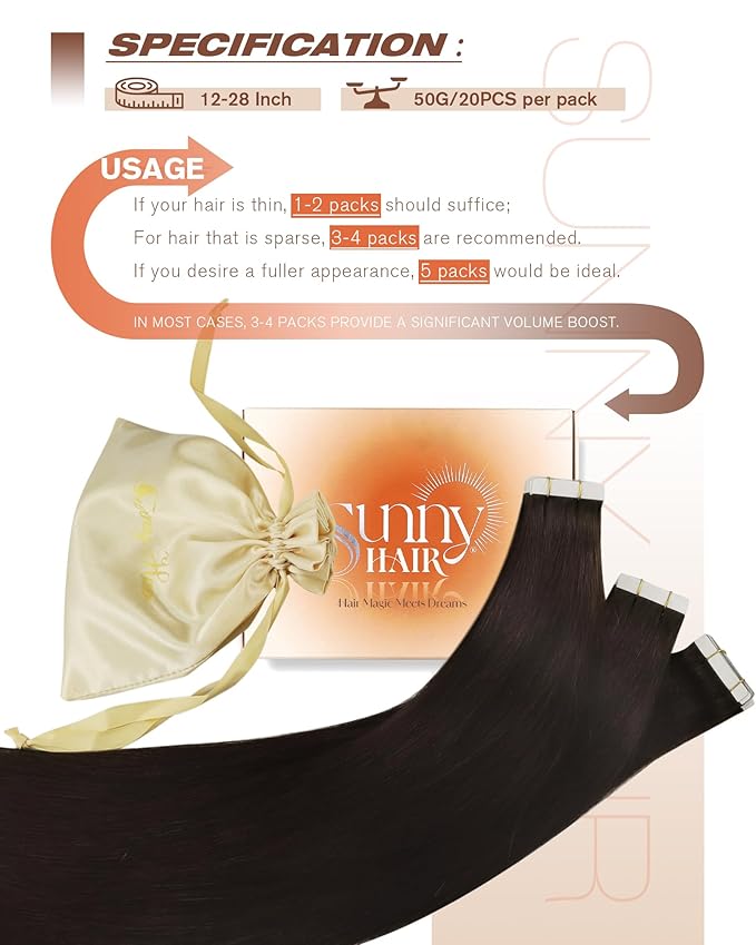 Sunny Hair Tape in Hair Extensions Human Hair Dark Brown Tape in Extensions 26inch Hair Extensions Real Human Hair Tape in 50g