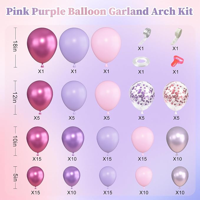 157Pcs Pink Purple Balloons Arch Garland Kit Different Size | Metallic Light - Image 2