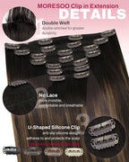 Moresoo Clip on Hair Extensions Human Hair Ombre Dark Brown Mixed with Chestnut Brown Balayage Clip in Human Hair Extensions Double Weft 7pcs 150g 24Inch