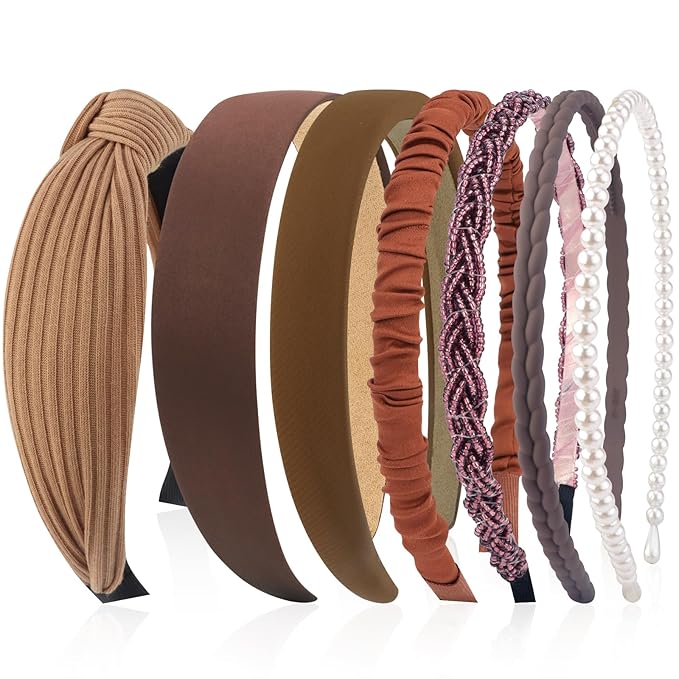 VELSCRUN Headbands for Women 7 Pcs Different Dark Brown Knotted Solid Pearl Head Bands Non Slip Hair Band for Womens Gilrs Thin Thick Short Hair Fashion Accessories
