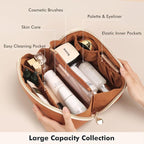 Prite Makeup Bag for Women Travel Waterproof Vegan Leather Cosmetic Bag Open Flat Toiletry Bag With Clear Divider and Handle (Large Brown)