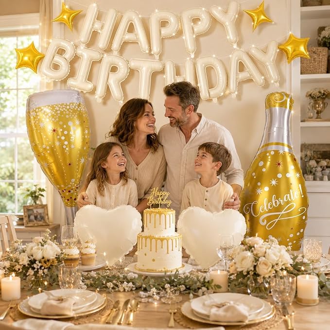 Cream Happy Birthday Balloons Banner, Champagne Bottle Glass Foil Balloon - Image 7