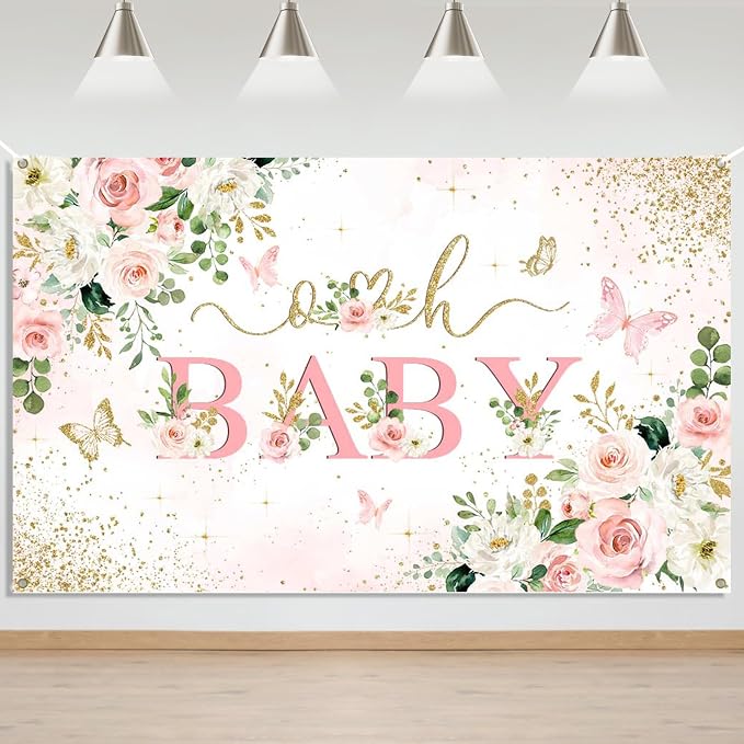 Mocsicka Girl Baby Shower Backdrop Banner Pink Floral Decorations by Mocsicka