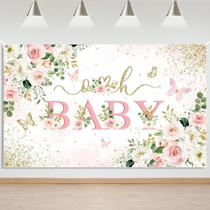 Mocsicka Girl Baby Shower Backdrop Banner Pink Floral Decorations by Mocsicka