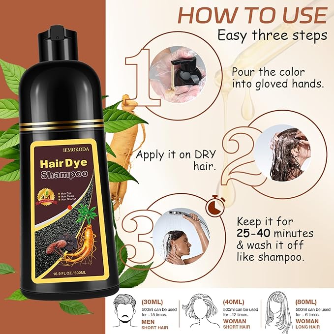 Instant Dark Wine Red Hair Dye Shampoo for 100% Gray Hair Coverage, Natural Herbal Hair Color Shampoo Hair Dye, 3 in 1 Coloring & Care Formula Lasts 3-4 Weeks, Easy & Quick to Use for Women Men, 500ML