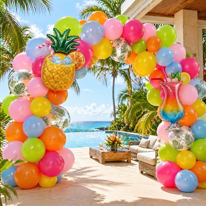 Tropical Balloons, 12 Inch Blue Hot Pink Yellow Orange Green Pink Balloons - Image 6
