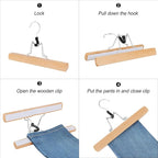 TOPIA HANGER 24 Pack Wooden Pants Hangers, Hair Extension Hangers Non Slip Skirt Hanger Wood Clamp with Velvet Padded 360° Swivel Hook for Jeans, Skirts, Trousers, Wigs Natural CT68N