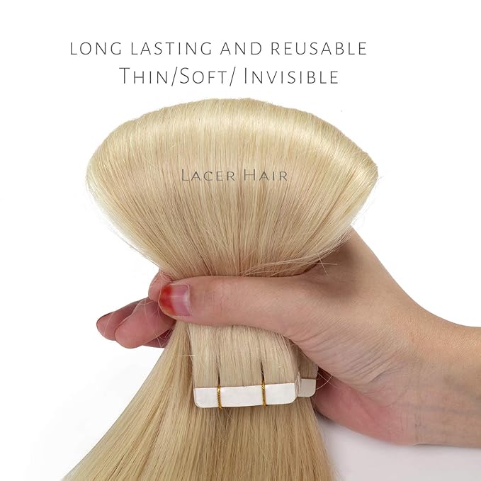 Lacer Remy Hair Extensions Tape in - 16 Inch Platinum Blonde Human Hair Tape in Extensions Natural PU Skin Weft 100% Real Virgin Human Hair 50g 20pcs/set