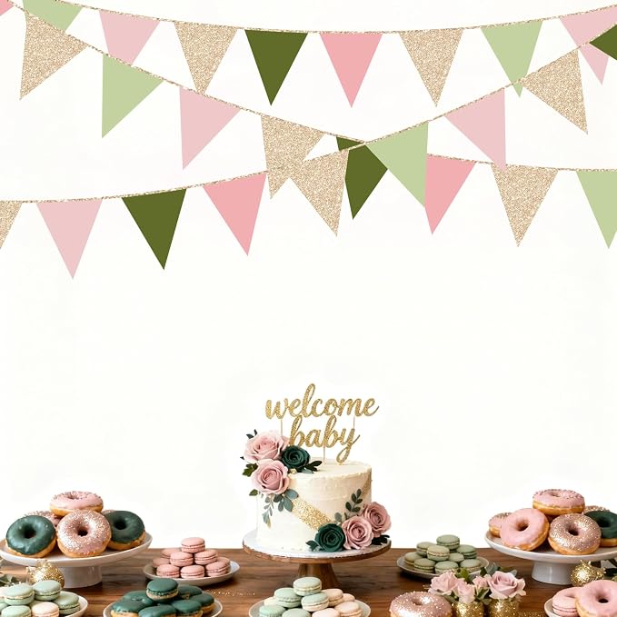 Sage Green Dusty Rose Pink Champagne Gold Pennant Banner Flag Hanging Glitter - Image 6