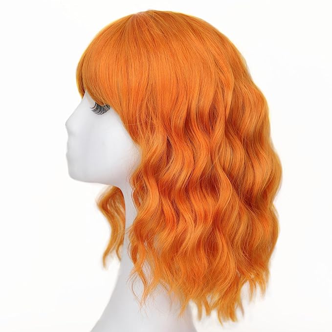 AISI HAIR Orange Synthetic Wavy Curly Bob Wig with Bangs Short Wavy Hair for Women Synthetic Heat Resistant Bob Wigs