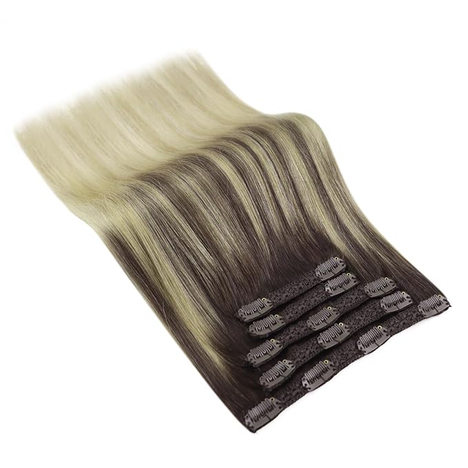 Ve Sunny Human Hair Clip in Extensions Invisible Clip in Hair Extensions Balayage Clip in Human Hair Extensions Dark Brown Ombre Golden Blonde Mix Light Blonde Daily Use Charming 7pcs 120g 20inch