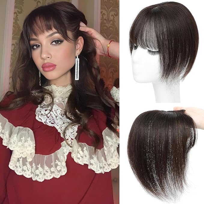 Amchoice Hair Toppers for Women Real Human Hair, Bangs Hair Clip 360° 3D Cover Bangs, Human Hair Toppers for Women Daily(Dark Brown, 3D Wispy Bangs (5 * 9))