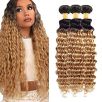 1b/27 Human Hair Bundles Ombre Blonde Deep Wave Bundle Brazilian Virgin Soft and Silky Remy Hair 3 Bundles 12 14 16 Inch Double Weft 2 Tone Black and Honey Blonde Bundle 150g