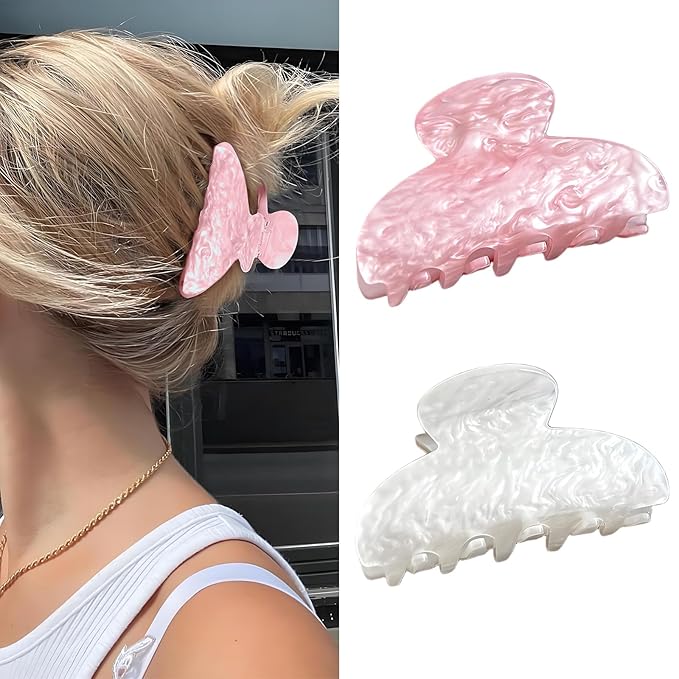 2 PCS Chic Resin Hair Claw Clips, Medium Sector Hair Barrettes for Thin Hair Half-Styles, Fashionable Non-Slip Hair Jaw Clamps, Pink and White