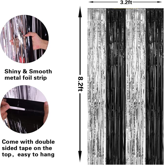 PIGETALE, 2 Pack 3.2 x 8.2 ft Black and Silver Foil Fringe Curtains Party - Image 3