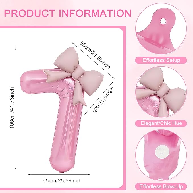Bow Pink 7 Balloons, 40 Inch Giant Pink Bow Helium Foil Number 7 - Image 2