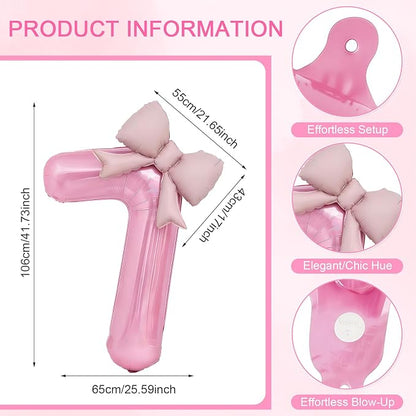 Bow Pink 7 Balloons, 40 Inch Giant Pink Bow Helium Foil Number 7 - Image 2