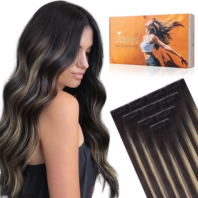DOORES Invisi Edge Human Hair Extensions Tape in, Natural Black to Light Blonde 10pcs Injection Tapeins, 25g 18 Inch, Injected Tape in Extensions Virgin Human Hair