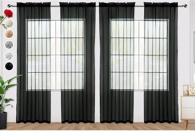 SpaceDresser Black Sheer Curtains 4 Panels Rod Pocket Semi-Sheer Curtain 54 by SpaceDresser