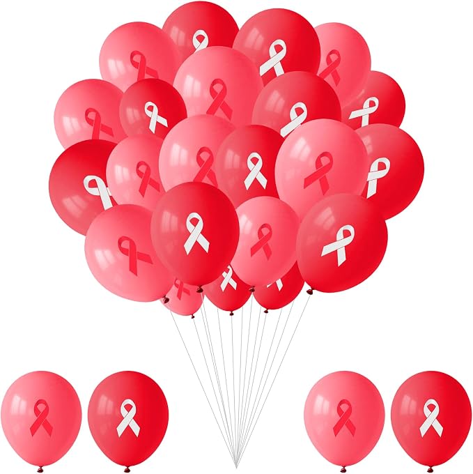 100 Pcs Red Ribbon Awareness Balloons 12 Inch Latex Red White Printed Balloon by Unknown