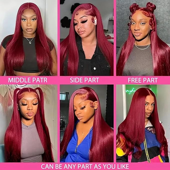 Burgundy Wig Human Hair 30inch 13x6 HD Transparent Lace Straight 99J Red Human Hair Wig Colored Reddish Brown Lace Frontal Wigs 180% Density Pre Plucked