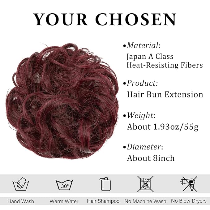 CJL HAIR Burgundy Large Messy Bun Hair Piece Wavy Curly Scrunchies Synthetic Chignon Ponytail Hair Extensions Thick Updo Hairpieces for Women Wine Red