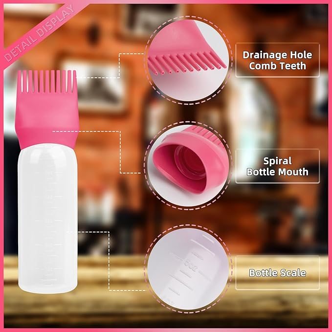 BLAAROOM Root Comb Applicator Bottle 6 Ounce, 2 Pack Hair Oil Applicator with Root Comb Brush - Dark Pink