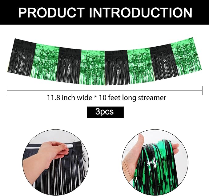 BEISHIDA Black Green Fringe Garland Banner 30ft Wall Tinsel Foil Streamers | - Image 2